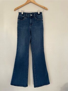 Express Dark Blue Flare Jeans - High Rise Ultra Hyper Stretch Size S Reg. 0/2/4